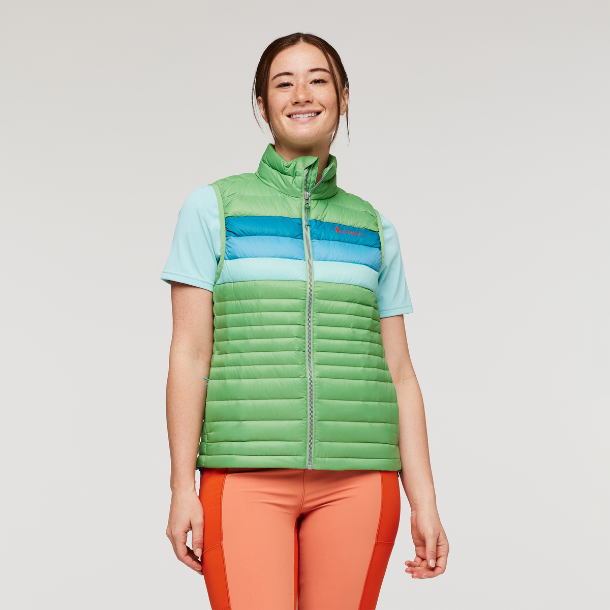 Fuego Down Vest - Women's, Kelp Stripes, Model Aya
