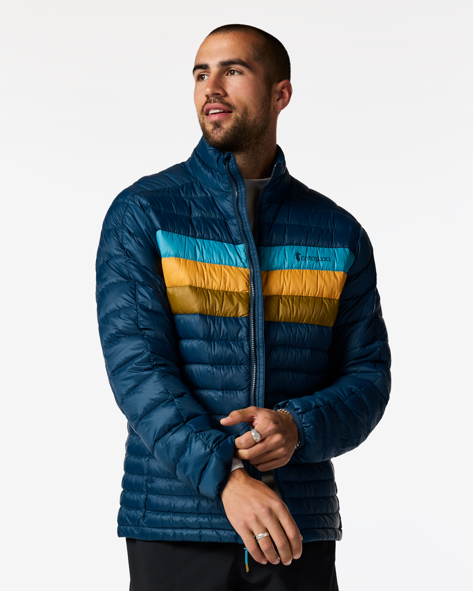 Fuego Down Jacket - Men's, Indigo Stripes, Model Luke