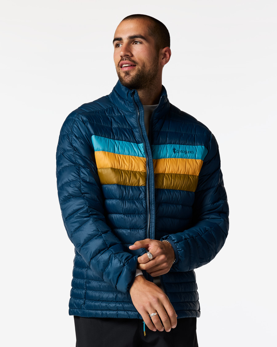 Fuego Down Jacket - Men's, Indigo Stripes, Model Luke