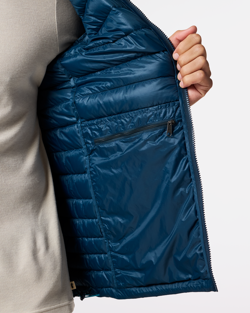 Fuego Down Jacket - Men's, Indigo Stripes, Model Luke