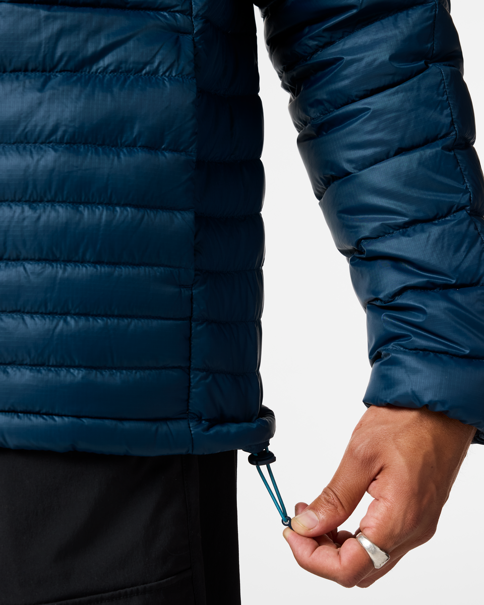 Fuego Down Jacket - Men's, Indigo Stripes, Model Luke