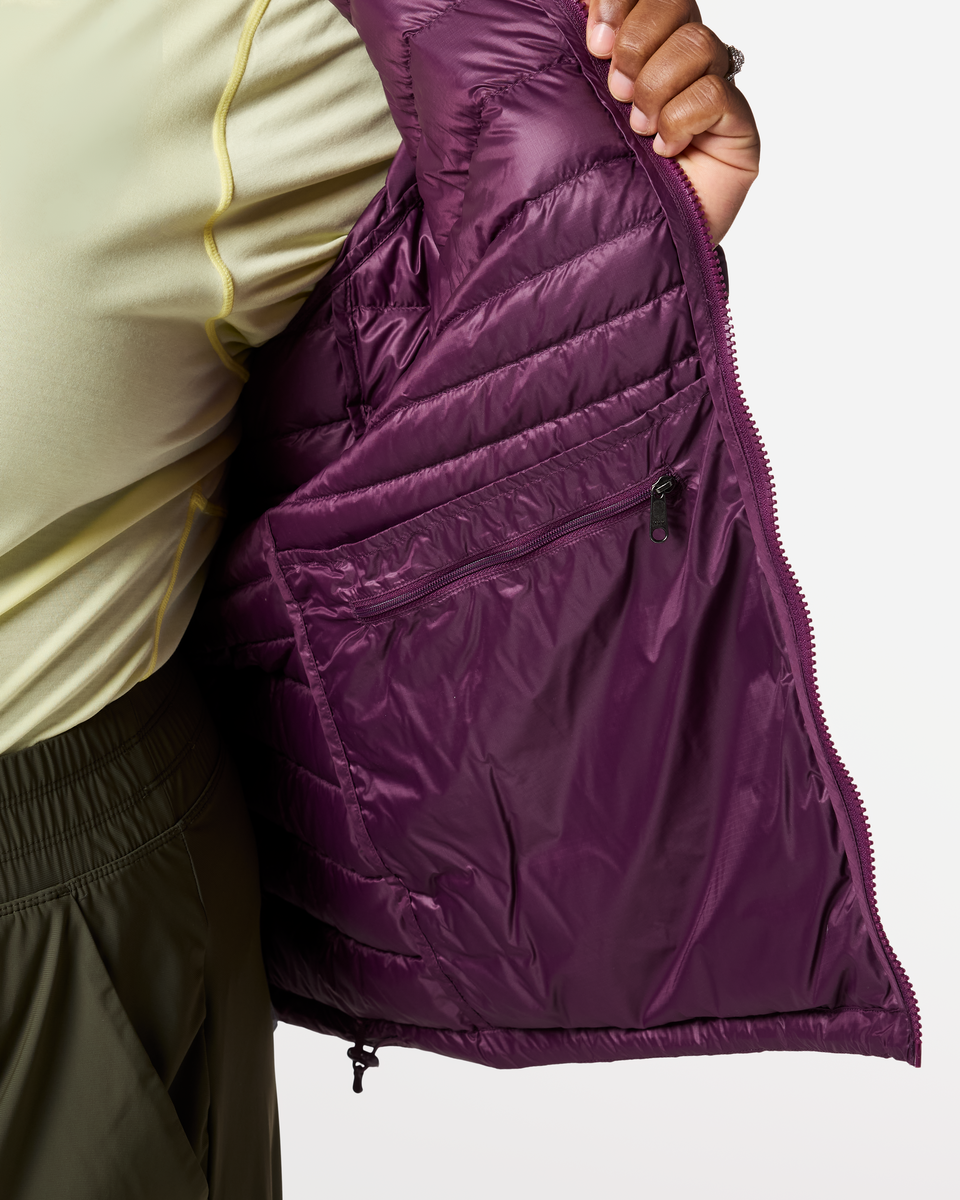 Fuego Down Hooded Jacket - Women's, Acai Stripes, Model Tanisha
