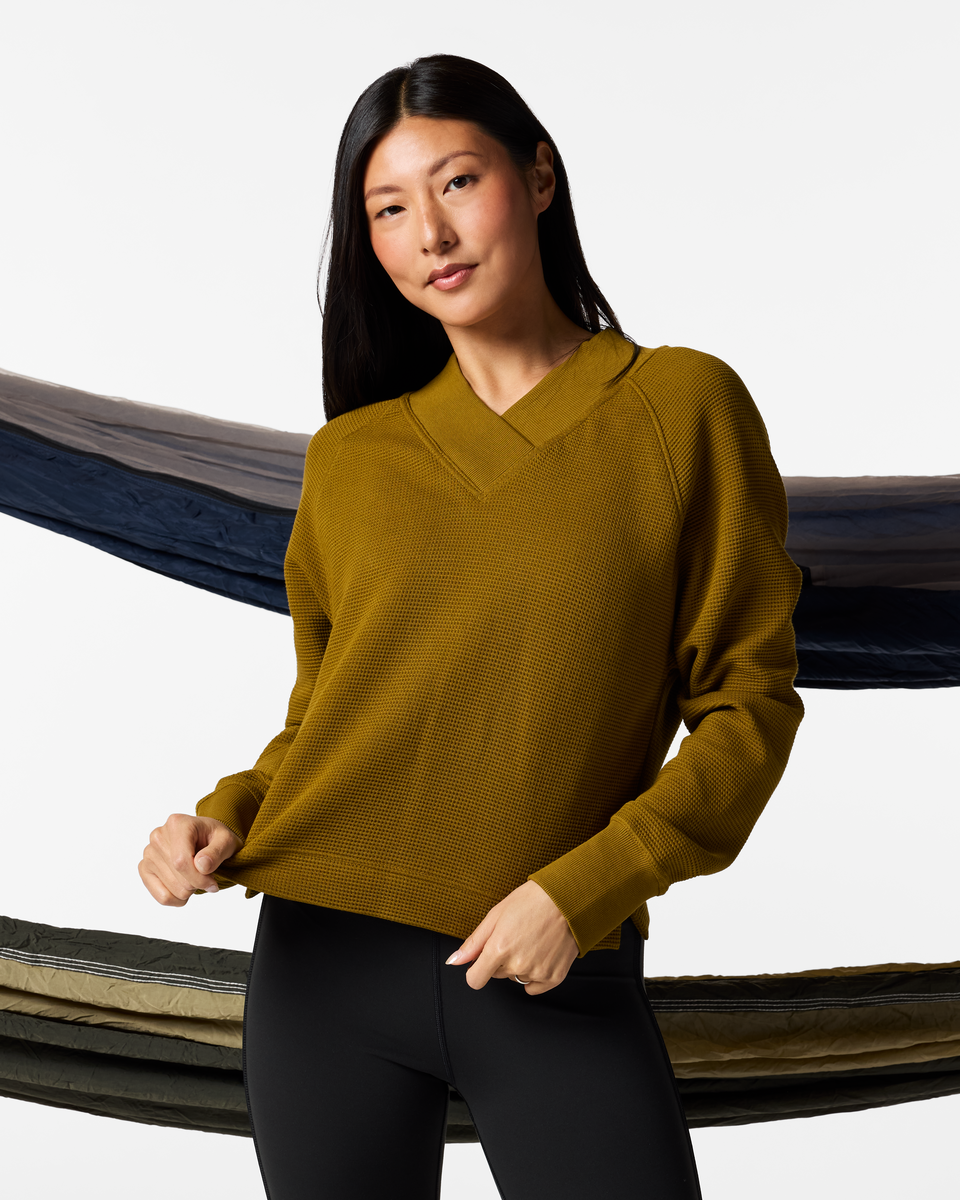 Atajo Long-Sleeve Waffle V-Neck - Women's, Log Cabin, Model Tiff