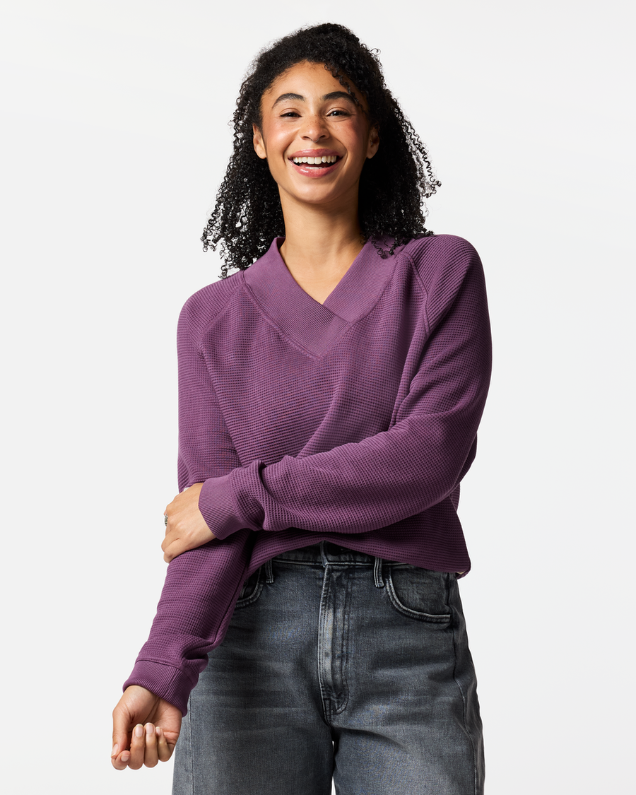 Atajo Long-Sleeve Waffle V-Neck - Women's, Mystic, Model Kalu