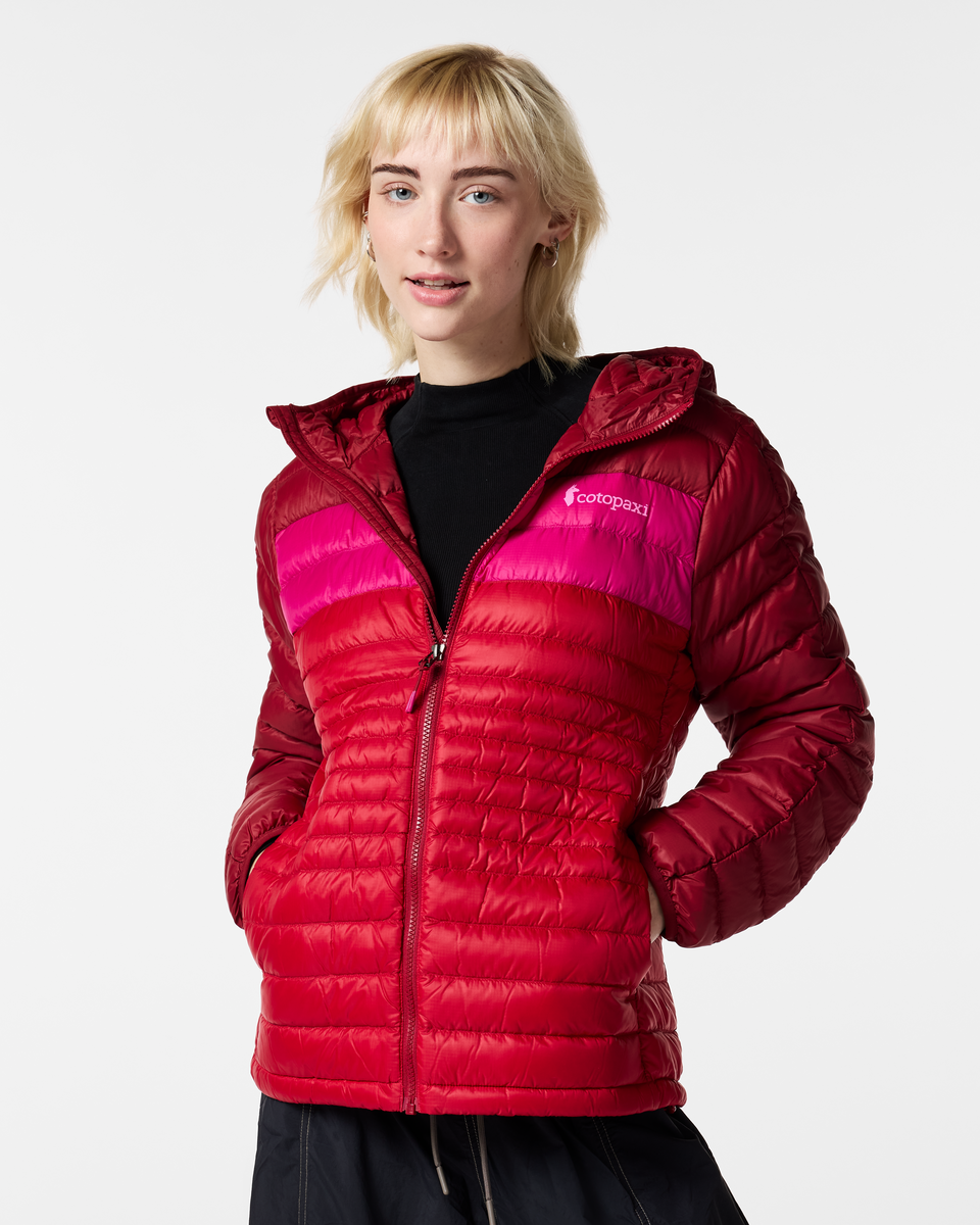 Fuego Down Hooded Jacket - Women's, Crimson/Spicy, Model Josie