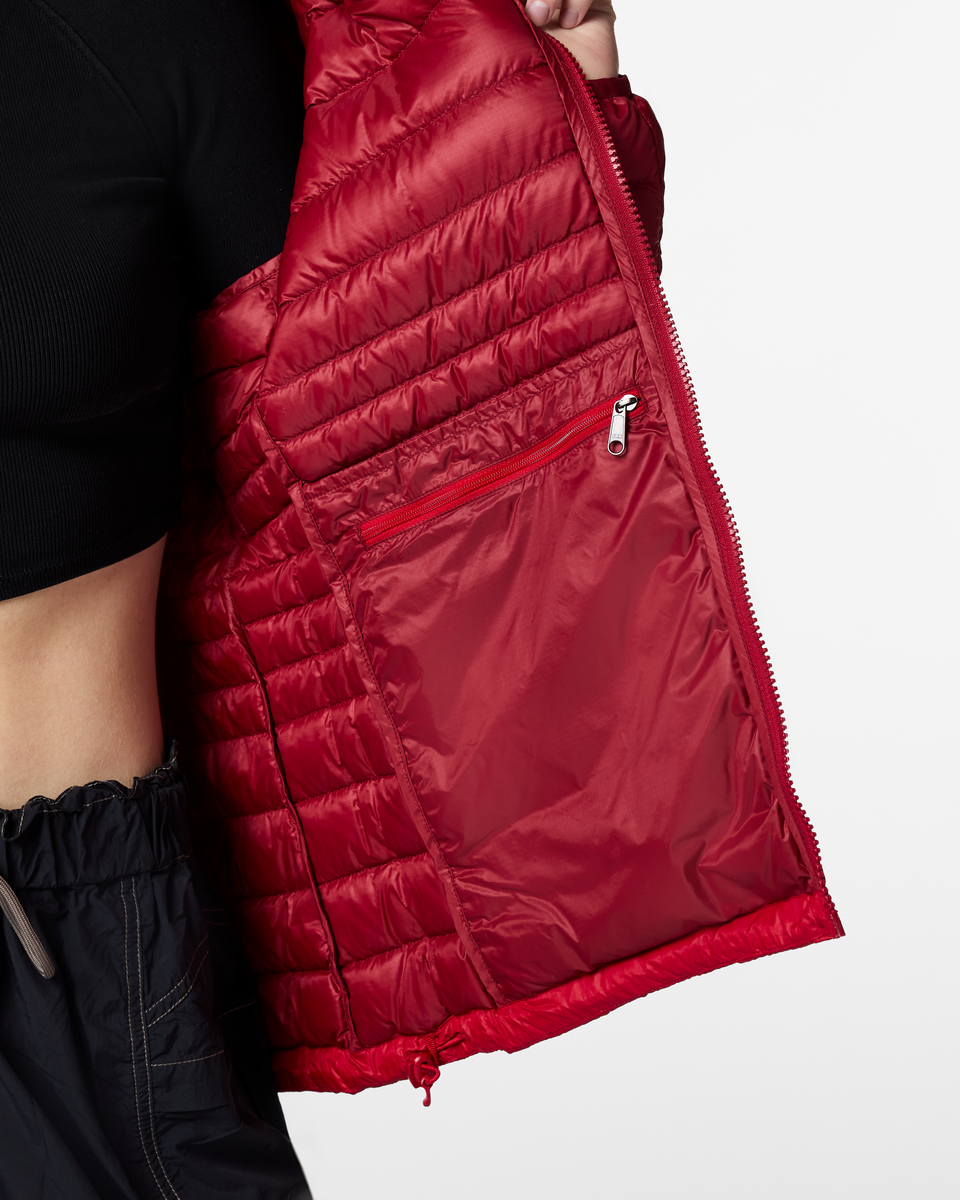 Fuego Down Hooded Jacket - Women's, Crimson/Spicy, Model Josie