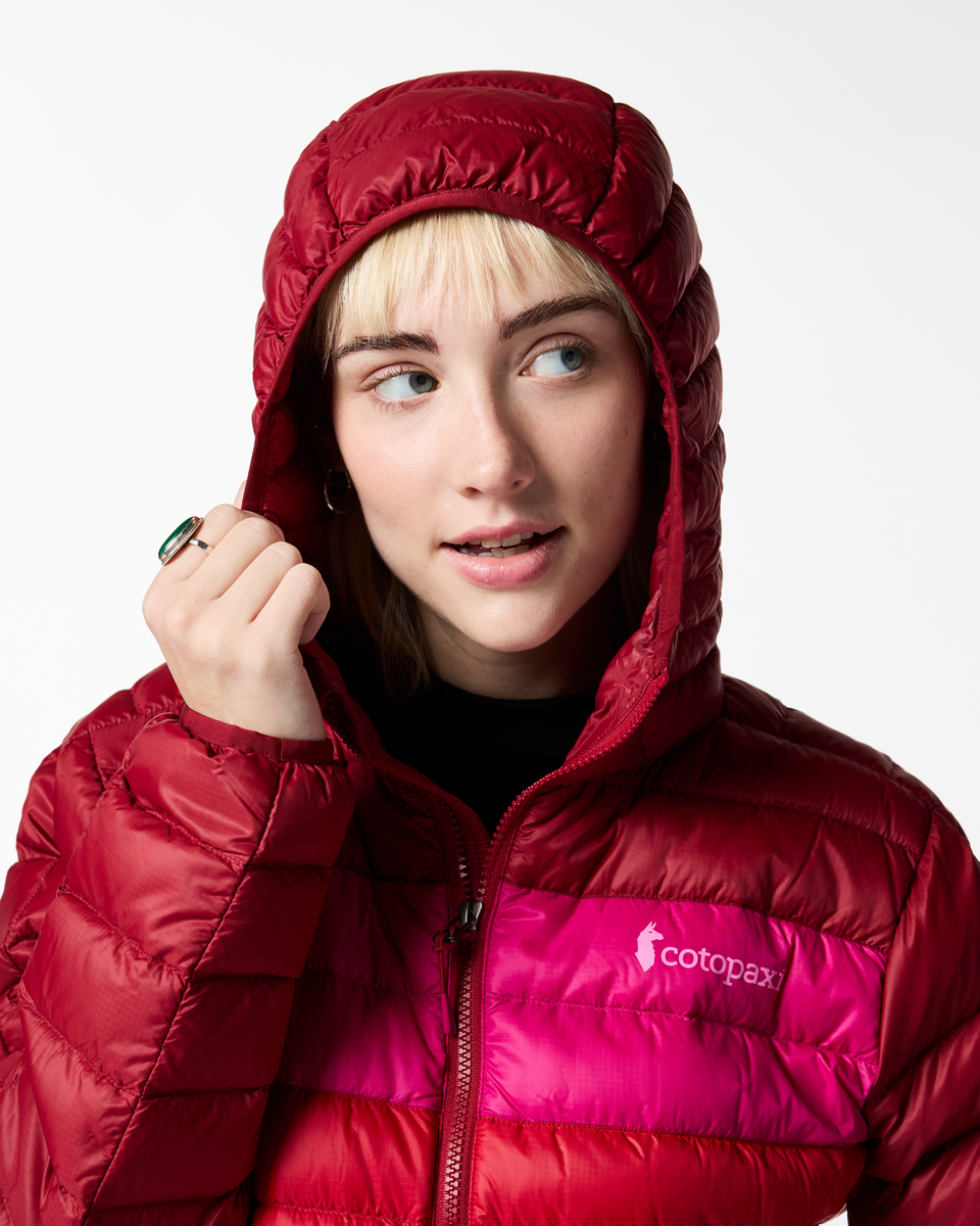 Fuego Down Hooded Jacket - Women's, Crimson/Spicy, Model Josie