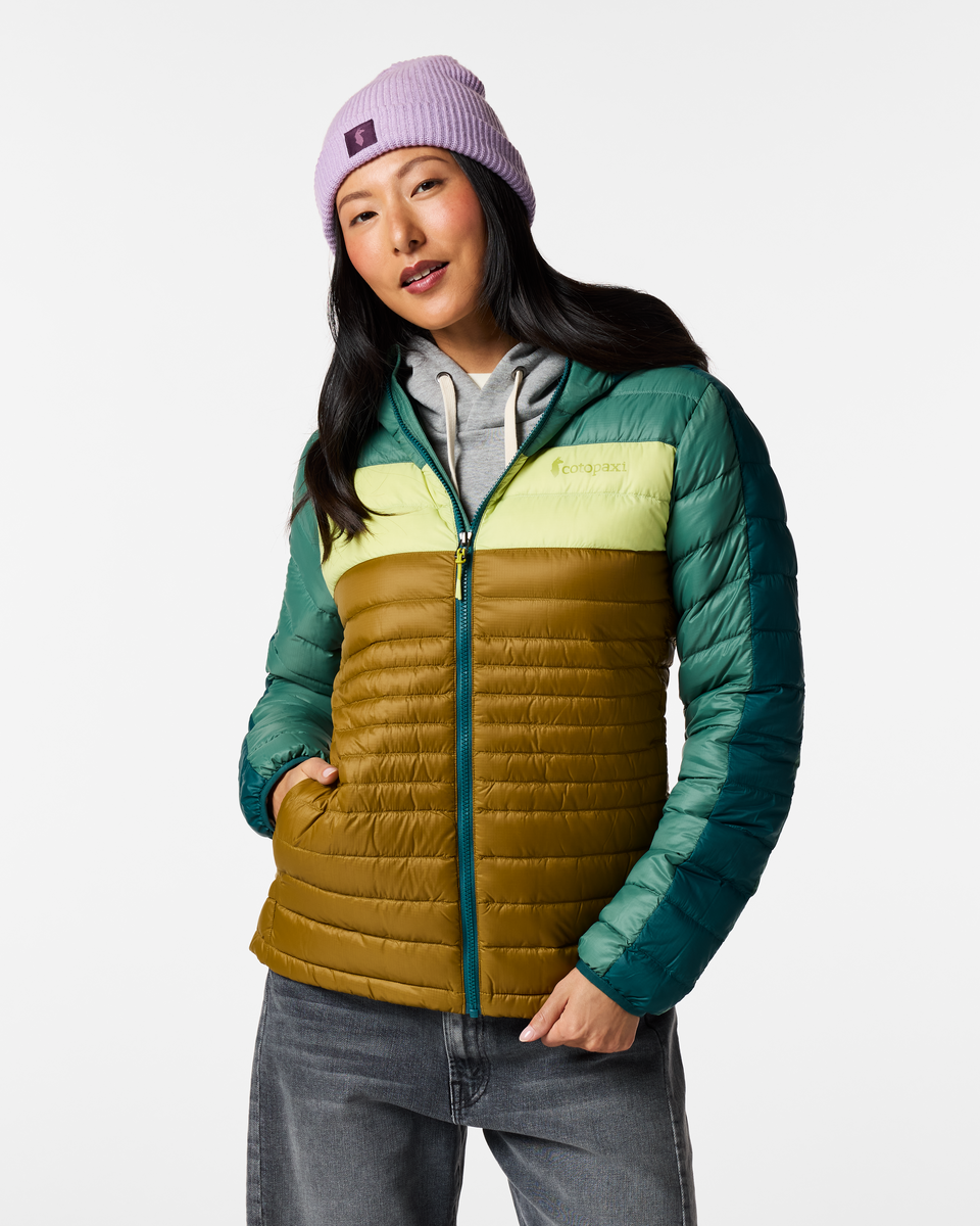 Fuego Down Hooded Jacket - Women's, Deep Ocean Block, Model Tiff
