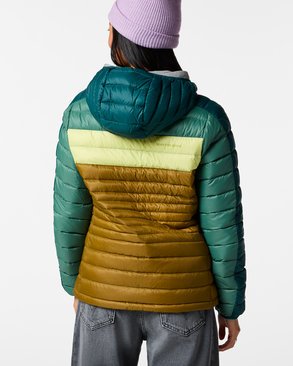 Fuego Down Hooded Jacket - Women's, Deep Ocean Block, Model Tiff