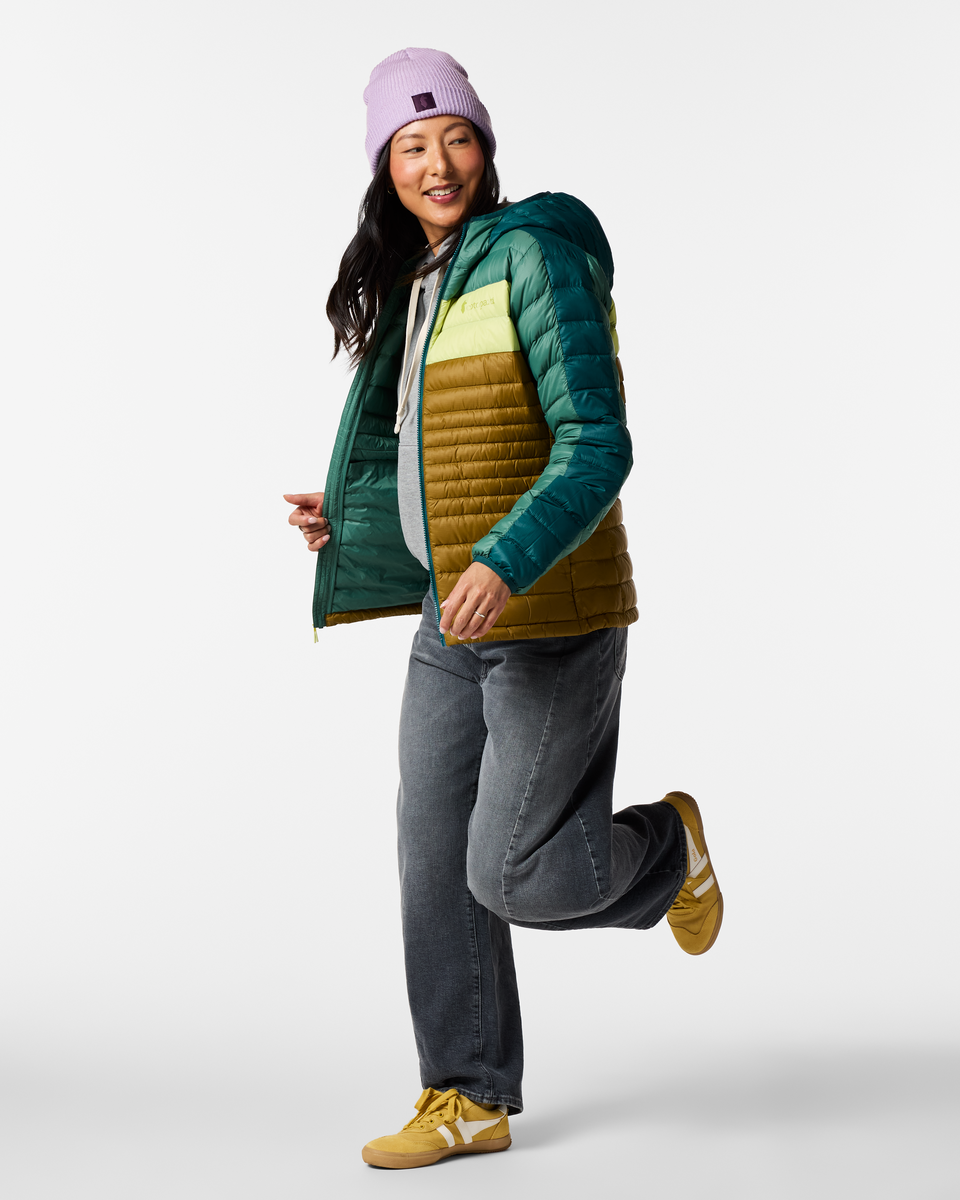 Fuego Down Hooded Jacket - Women's, Deep Ocean Block, Model Tiff