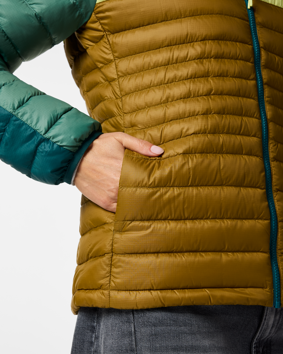 Fuego Down Hooded Jacket - Women's, Deep Ocean Block, Model Tiff