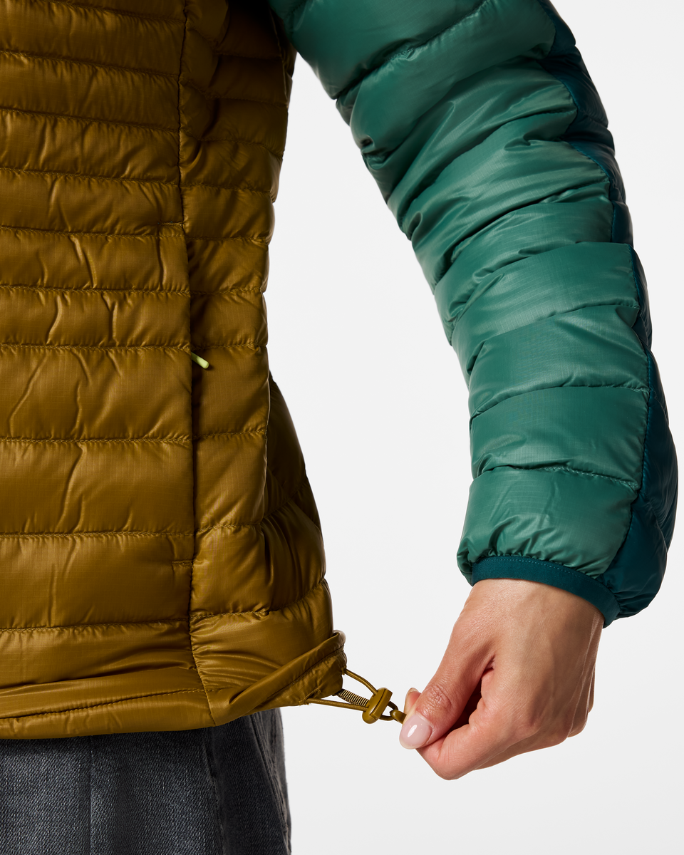 Fuego Down Hooded Jacket - Women's, Deep Ocean Block, Model Tiff