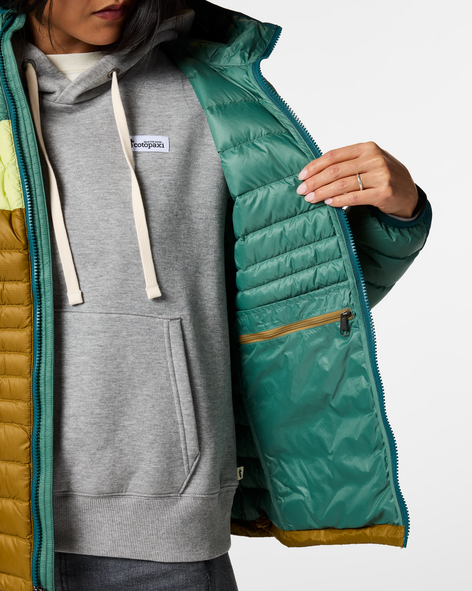 Fuego Down Hooded Jacket - Women's, Deep Ocean Block, Model Tiff