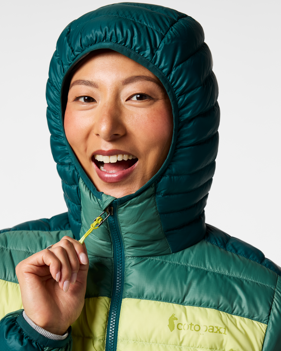 Fuego Down Hooded Jacket - Women's, Deep Ocean Block, Model Tiff