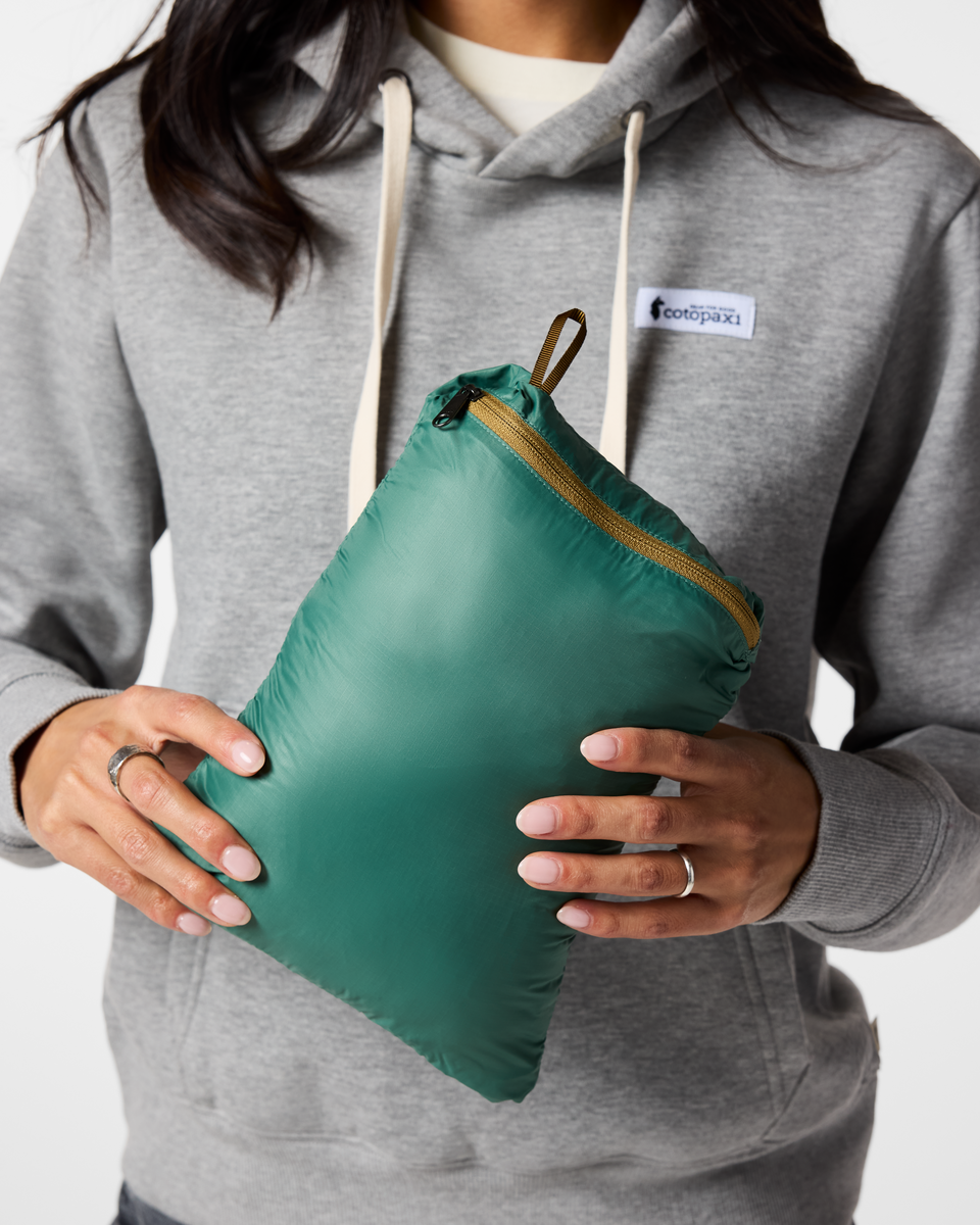 Fuego Down Hooded Jacket - Women's, Deep Ocean Block, Model Tiff
