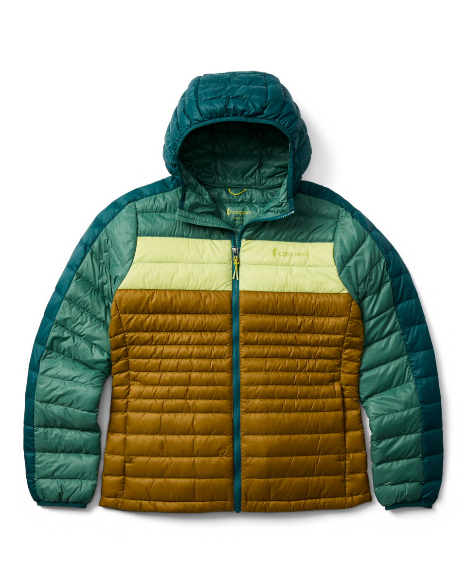 Fuego Down Hooded Jacket - Women's, Deep Ocean Block, Model Tiff