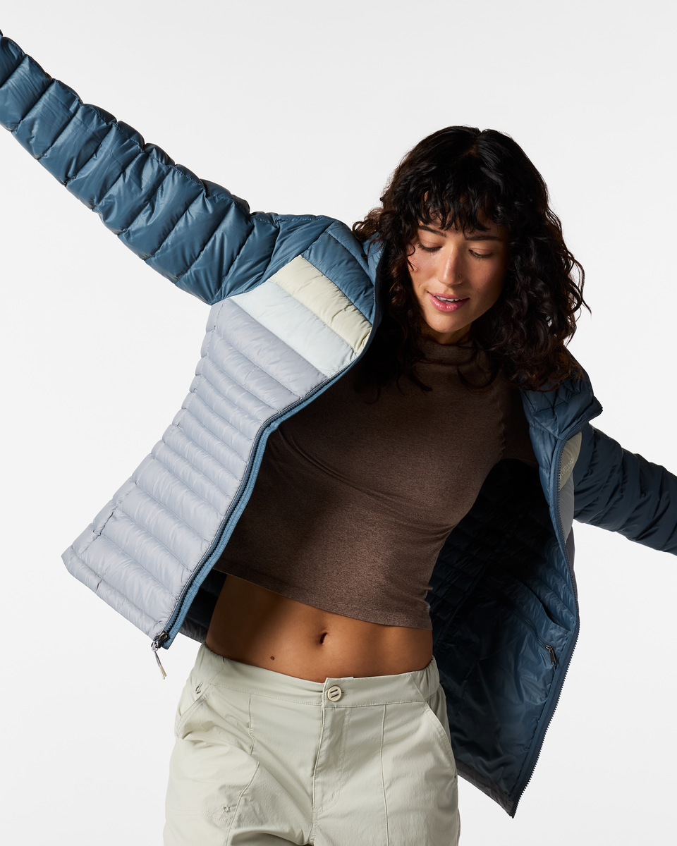 Fuego Down Hooded Jacket - Women's, Slate/Smoke, Model Lola