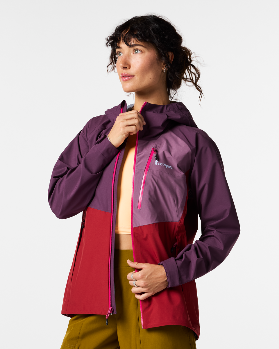 Impermeo 3L Hooded Shell Jacket - Women's, Acai/Crimson, Model Lola