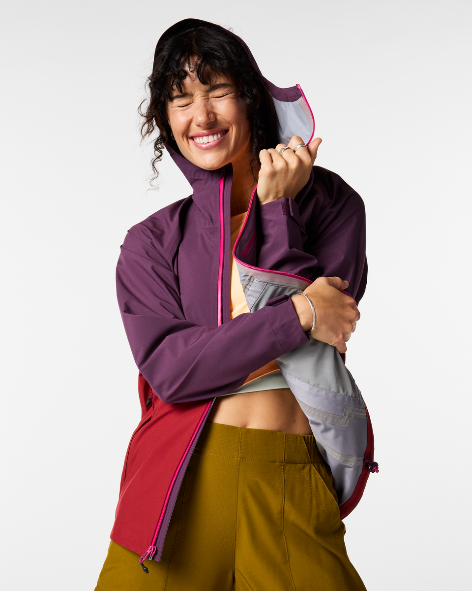Impermeo 3L Hooded Shell Jacket - Women's, Acai/Crimson, Model Lola