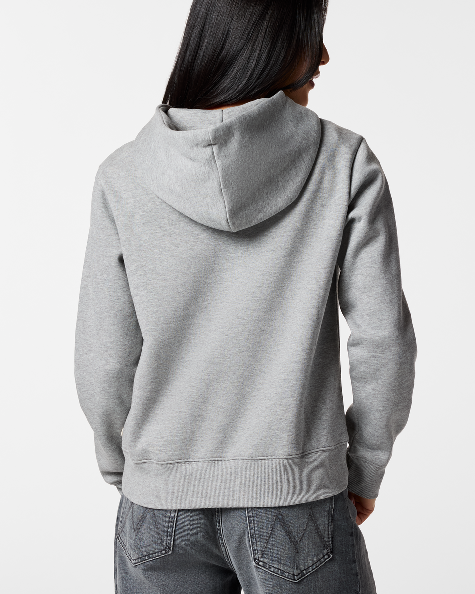 Llama Patch Pullover Hoodie - Women's, Heather Grey, Model Tiff