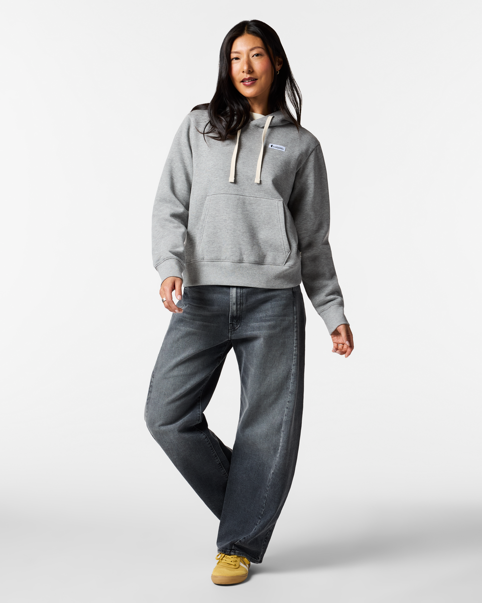 Llama Patch Pullover Hoodie - Women's, Heather Grey, Model Tiff