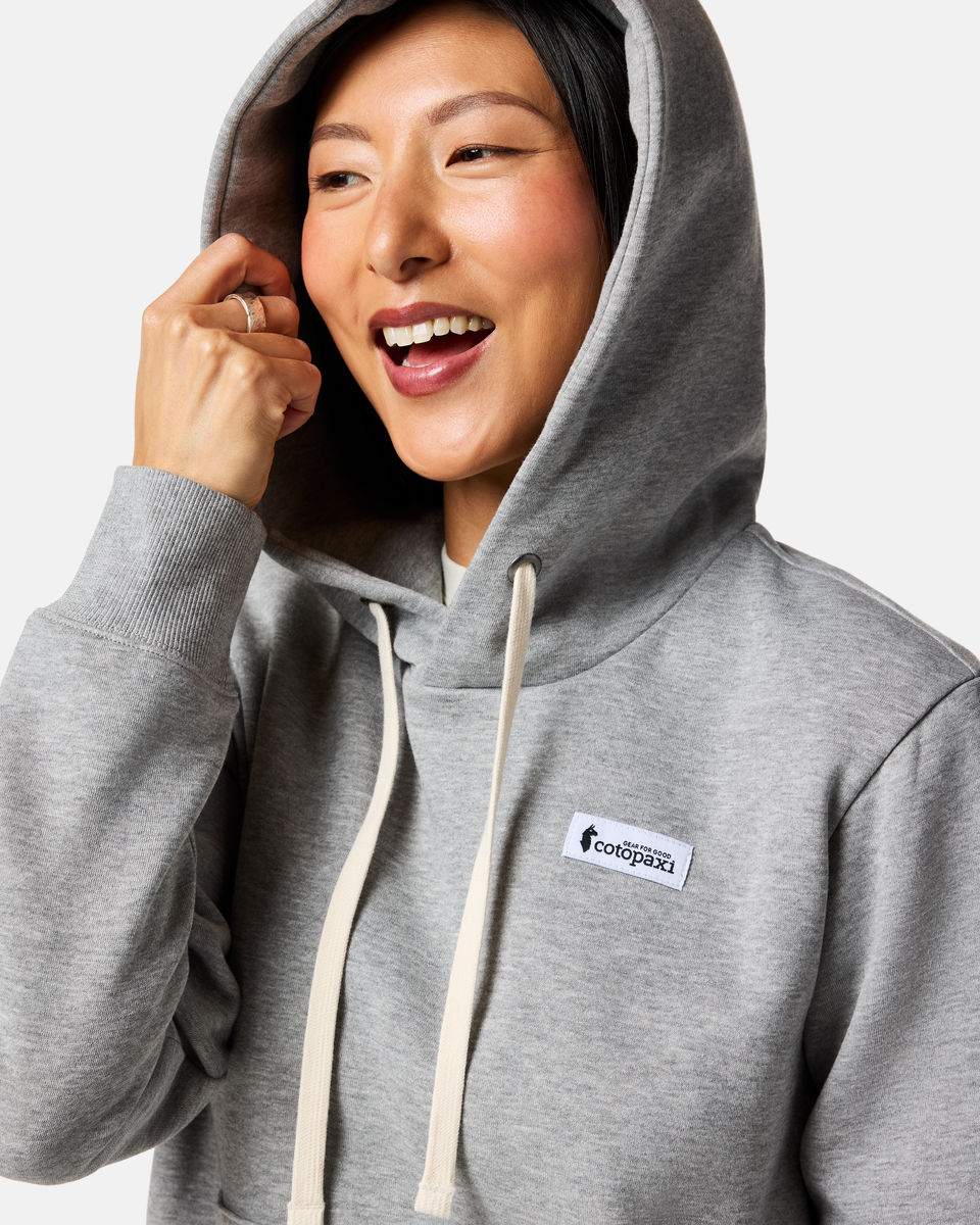 Llama Patch Pullover Hoodie - Women's, Heather Grey, Model Tiff