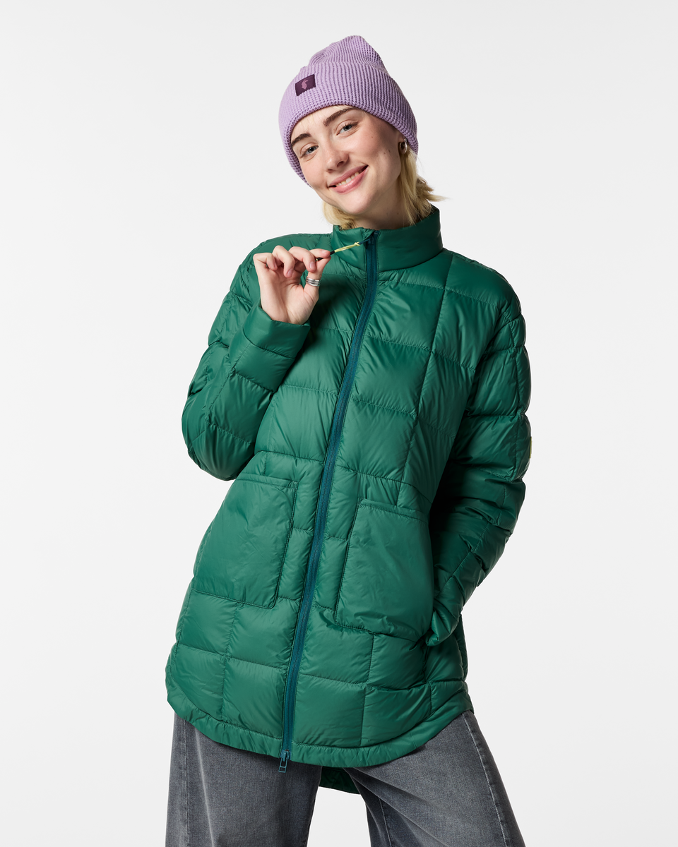 Repleto Down Long Jacket - Women's, Juniper, Model Josie