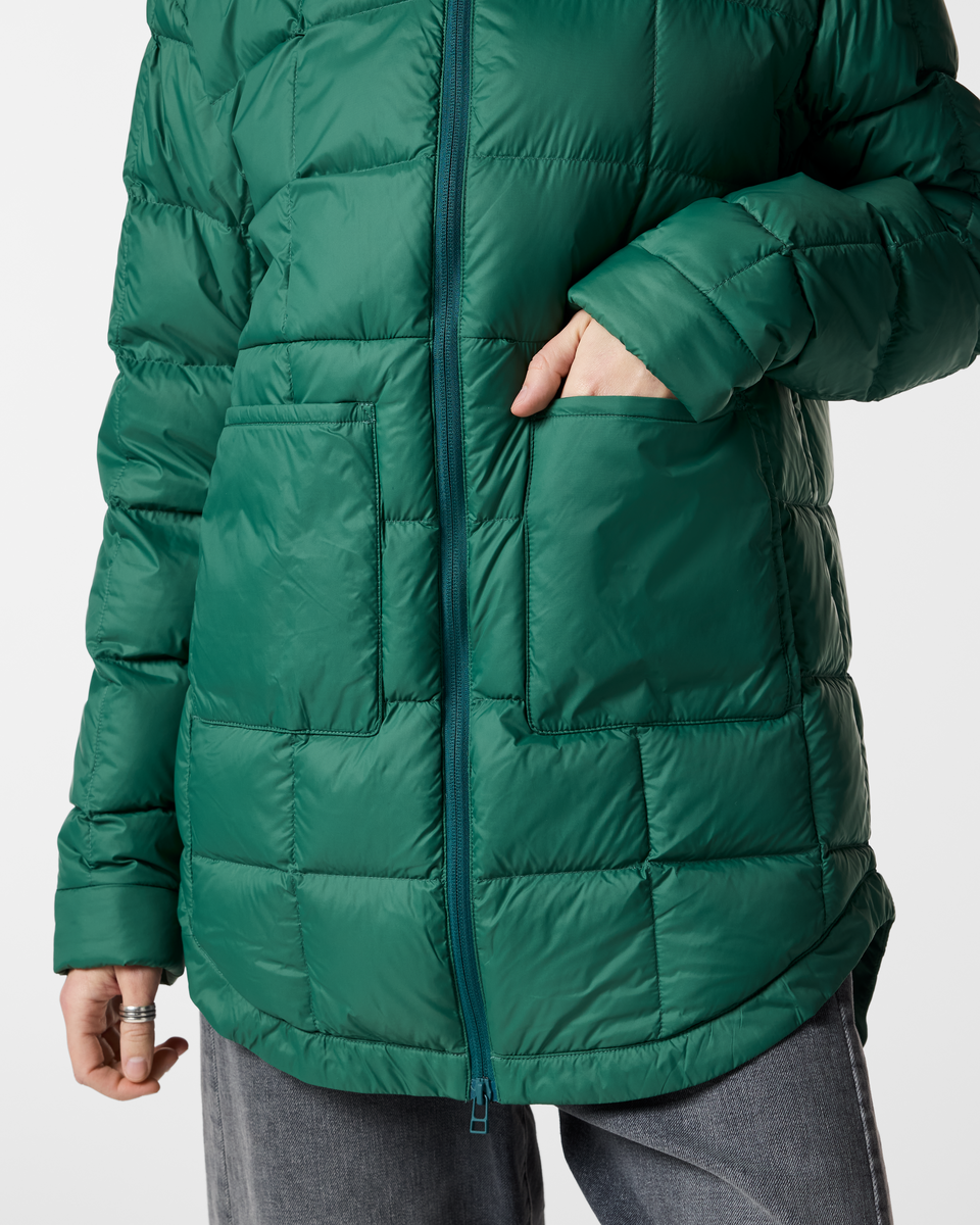 Repleto Down Long Jacket - Women's, Juniper, Model Josie