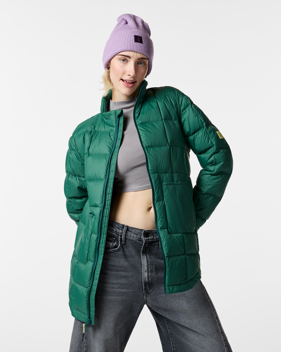 Repleto Down Long Jacket - Women's, Juniper, Model Josie